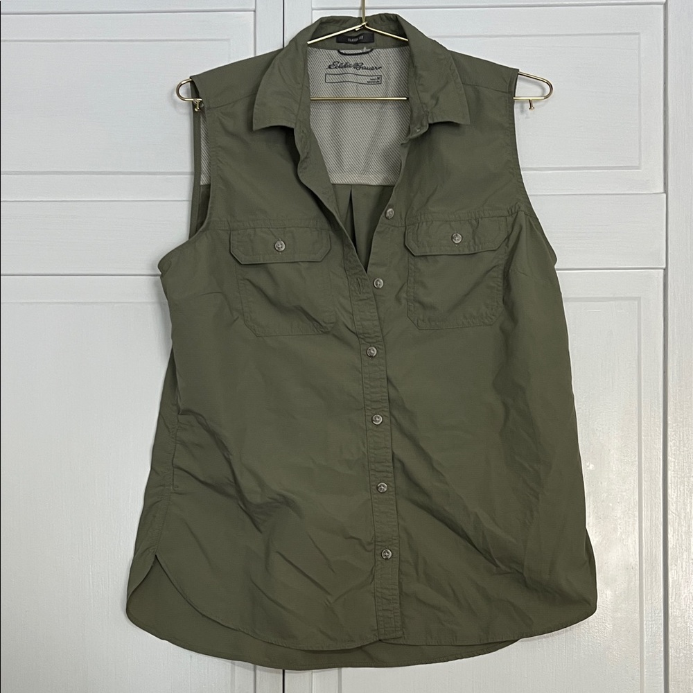 Eddie Bauer Olive Sleeveless Button-Down Utility Shirt